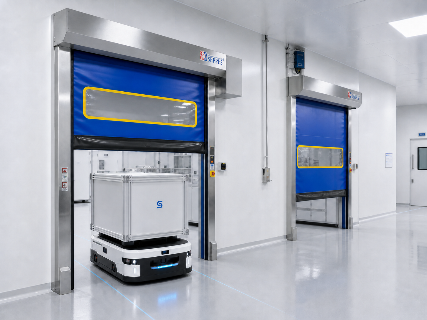Interlocked SEPPES cleanroom high speed doors integrated with an AGV route