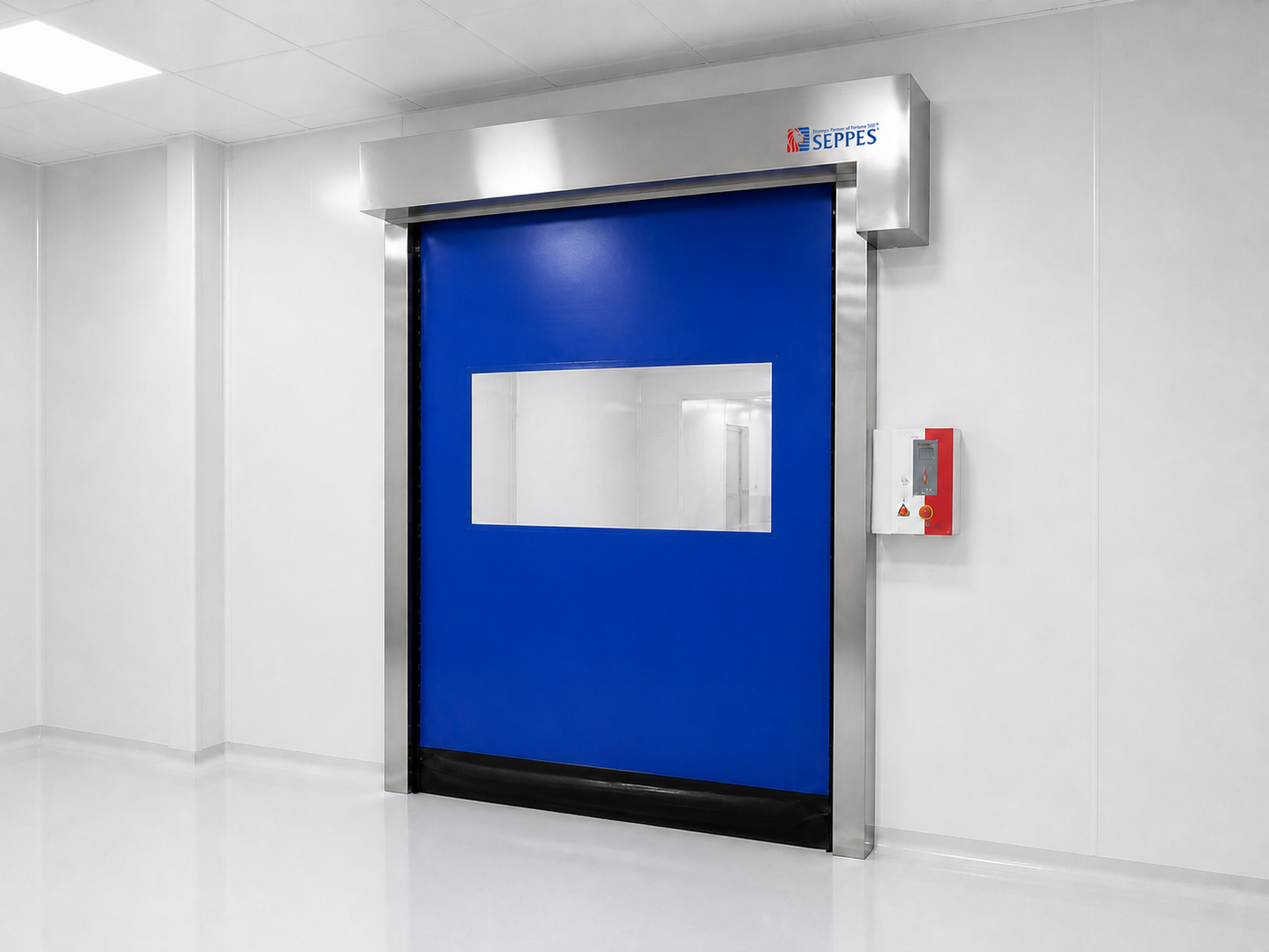 Blue SEPPES high speed fabric door with stainless steel frame in a cleanroom