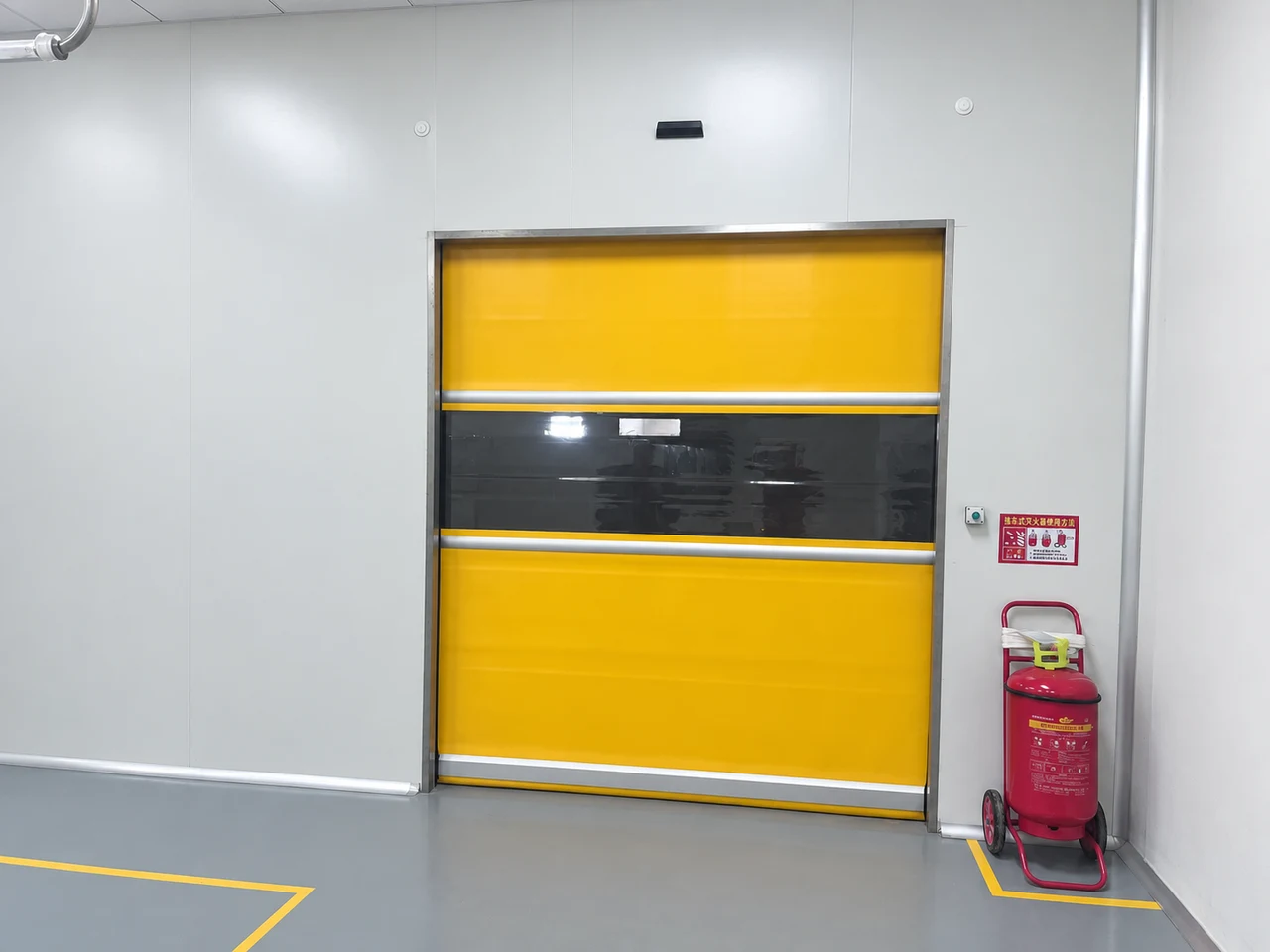 Yellow brush-sealed high speed door with a full-width vision panel at an internal production entrance
