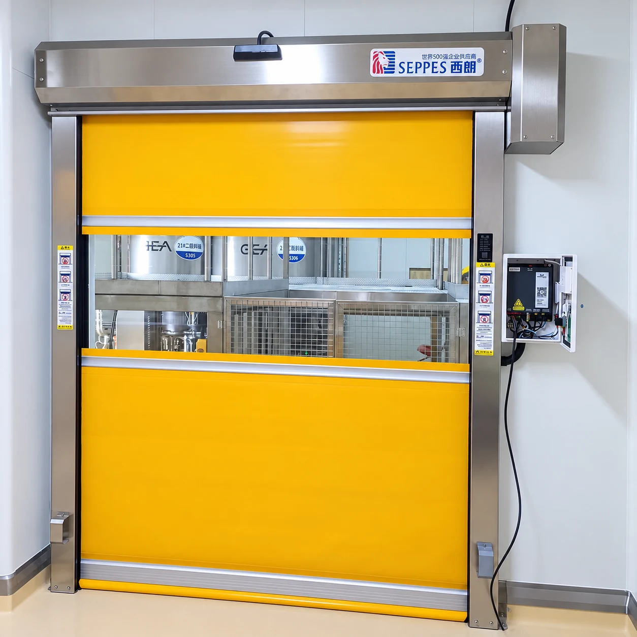 Yellow SEPPES brush-sealed fabric door with stainless steel framing and an open control cabinet during installation