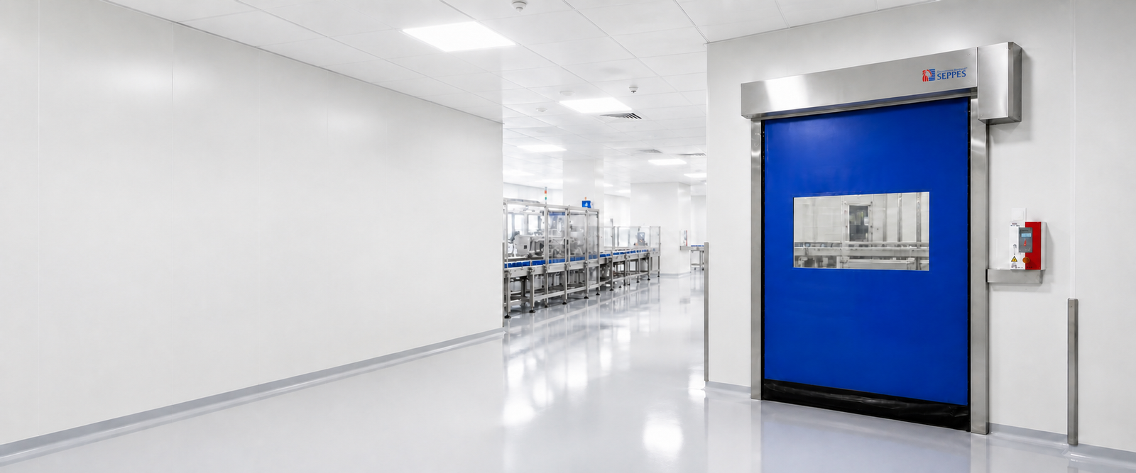 SEPPES blue high speed door installed in a clean production corridor