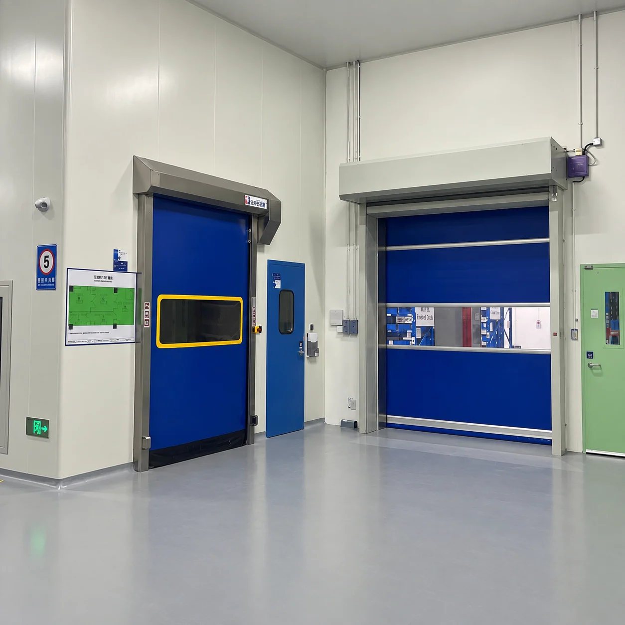 Retouched Ascentage Pharma installation photograph showing two blue high speed doors and their adjacent controls