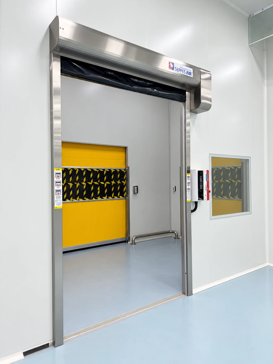 Three-door cleanroom interlock application showing part of the linked door group