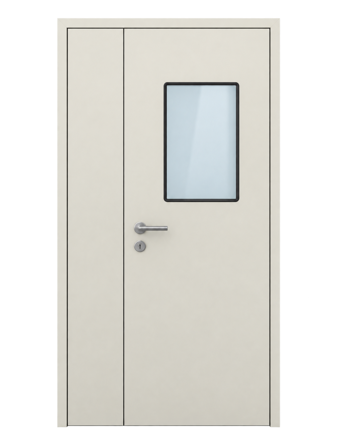 Cleanroom swing door with unequal leaves, observation window and stainless steel handle, generated product visualization