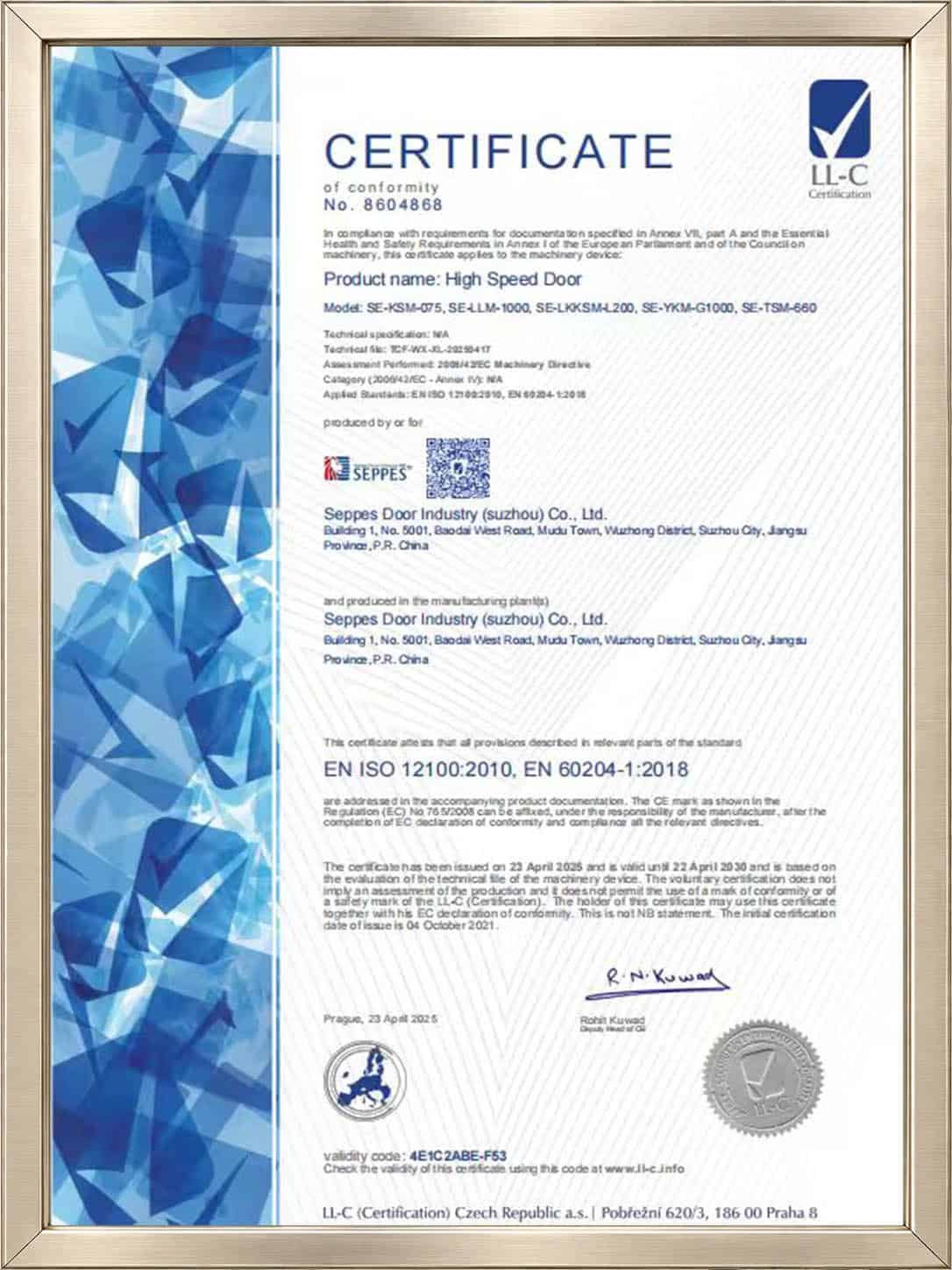SEPPES CE document for high speed door conformity