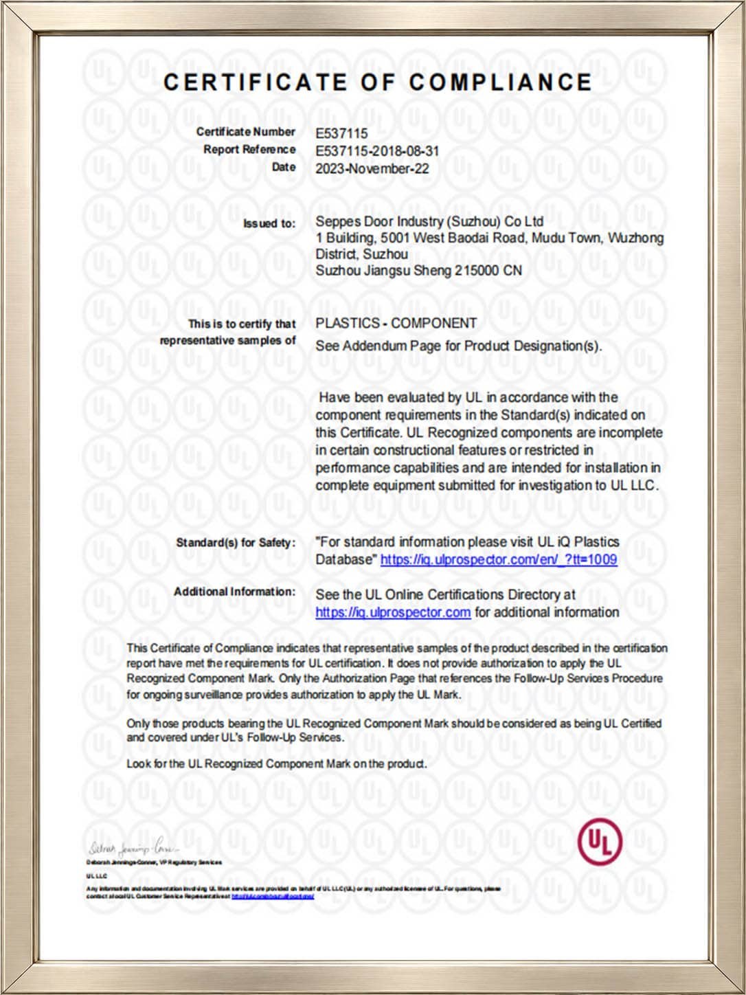SEPPES UL document for plastics component