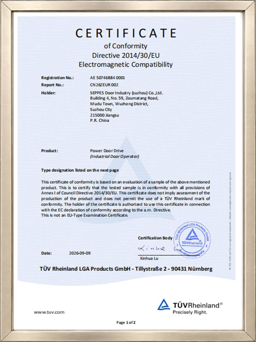 SEPPES TÜV Rheinland document for door-drive emc conformity