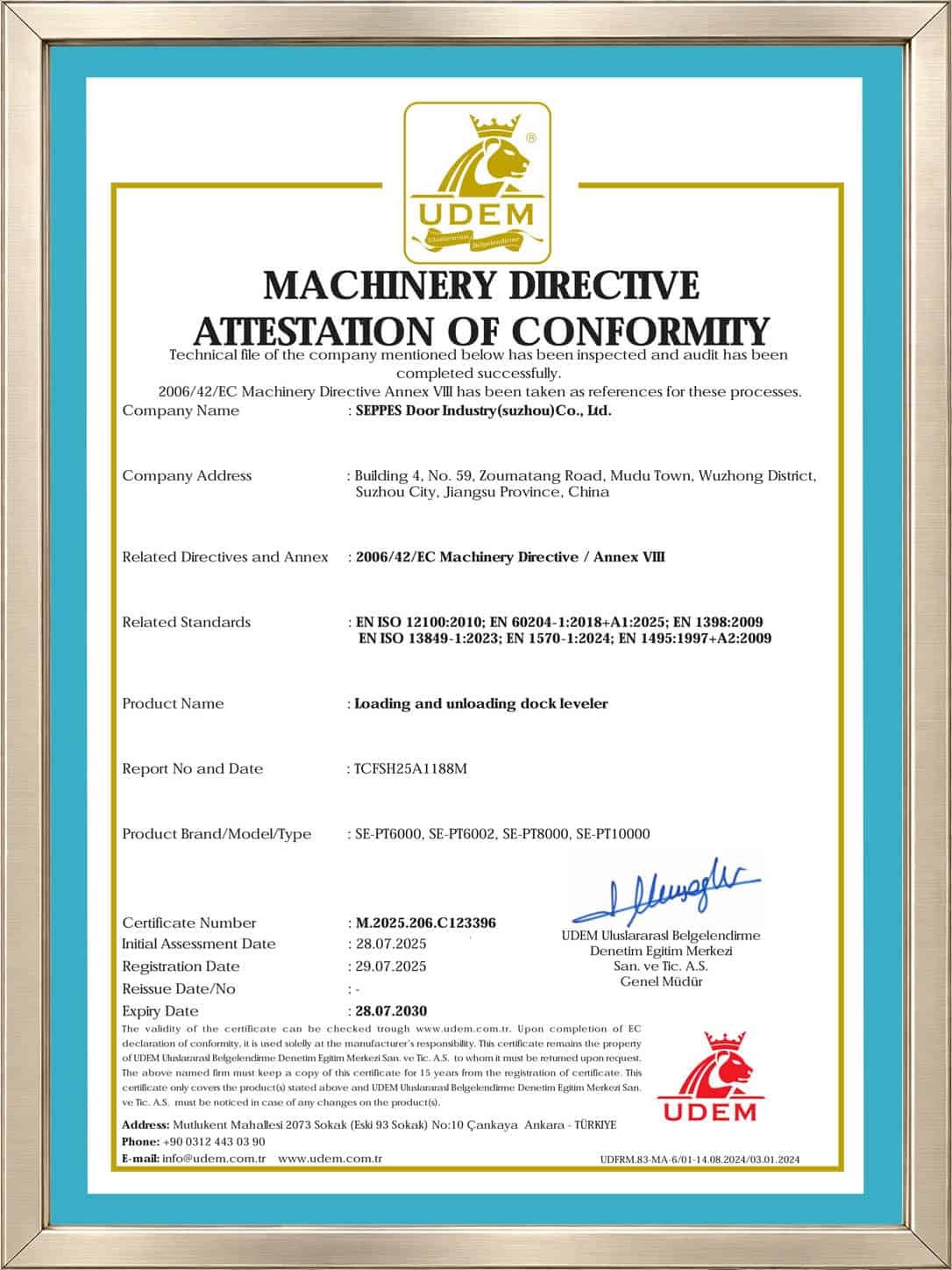 SEPPES UDEM document for dock leveler conformity